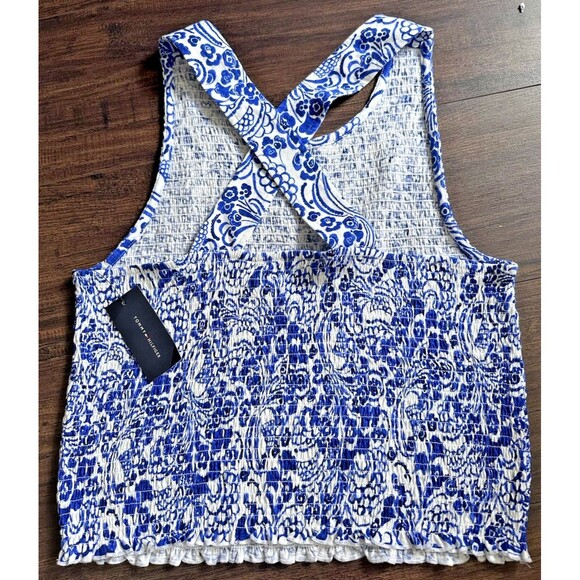 Tommy Hilfiger Womens Fontaine FloralPrint Smocked Cotton Tank Top BlueWhite XXL - Picture 9 of 10